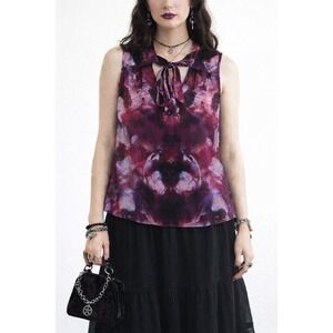 Silk Top Womens Size XL Floral Abstract Tie Neck Watercolor Artsy Whimsigoth